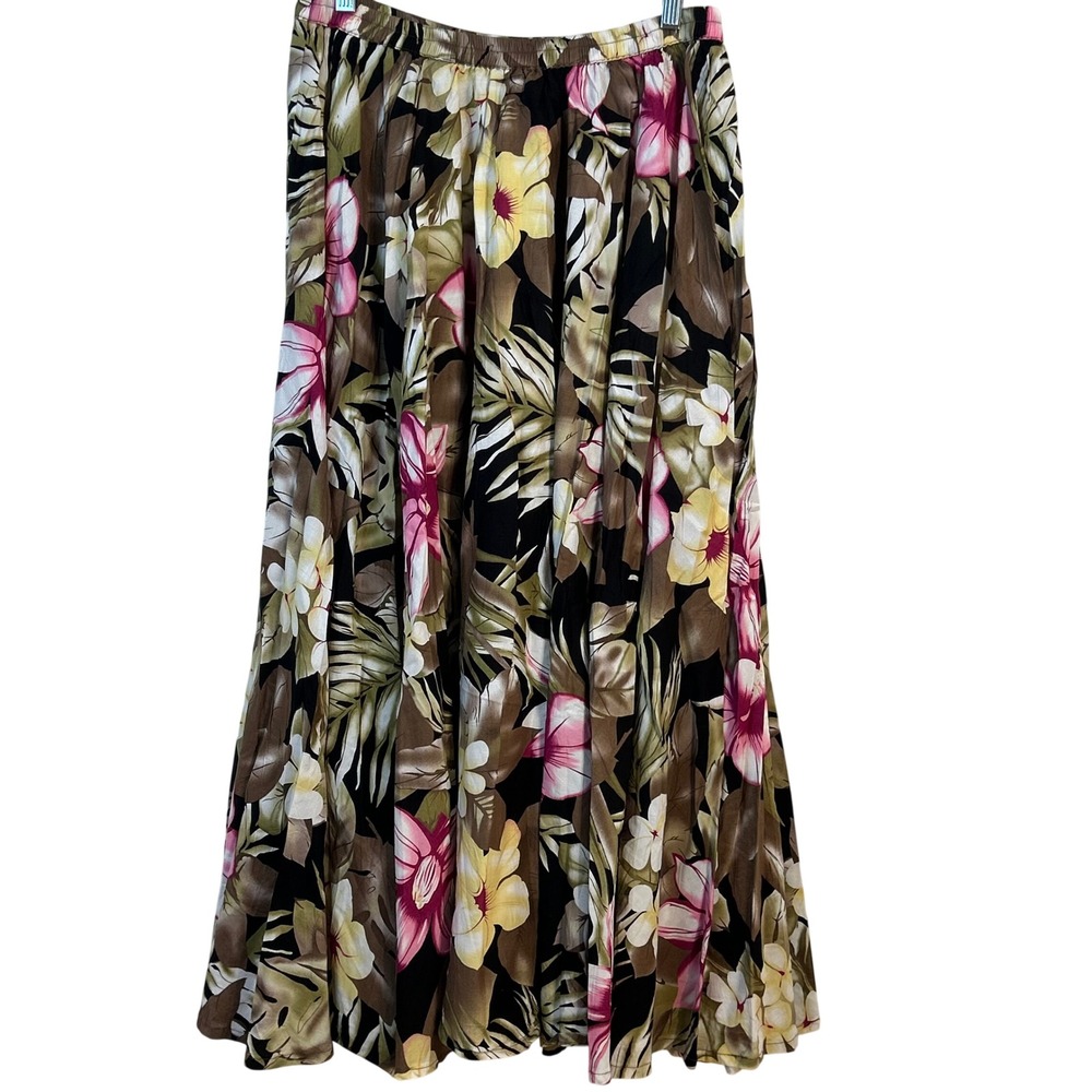 Lotus Traders Floral Tropical Circle Skirt Black Brown One‎ Size Maxi Rayon